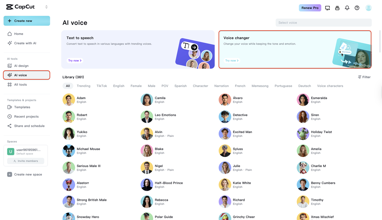 Navigate to the Voice changer