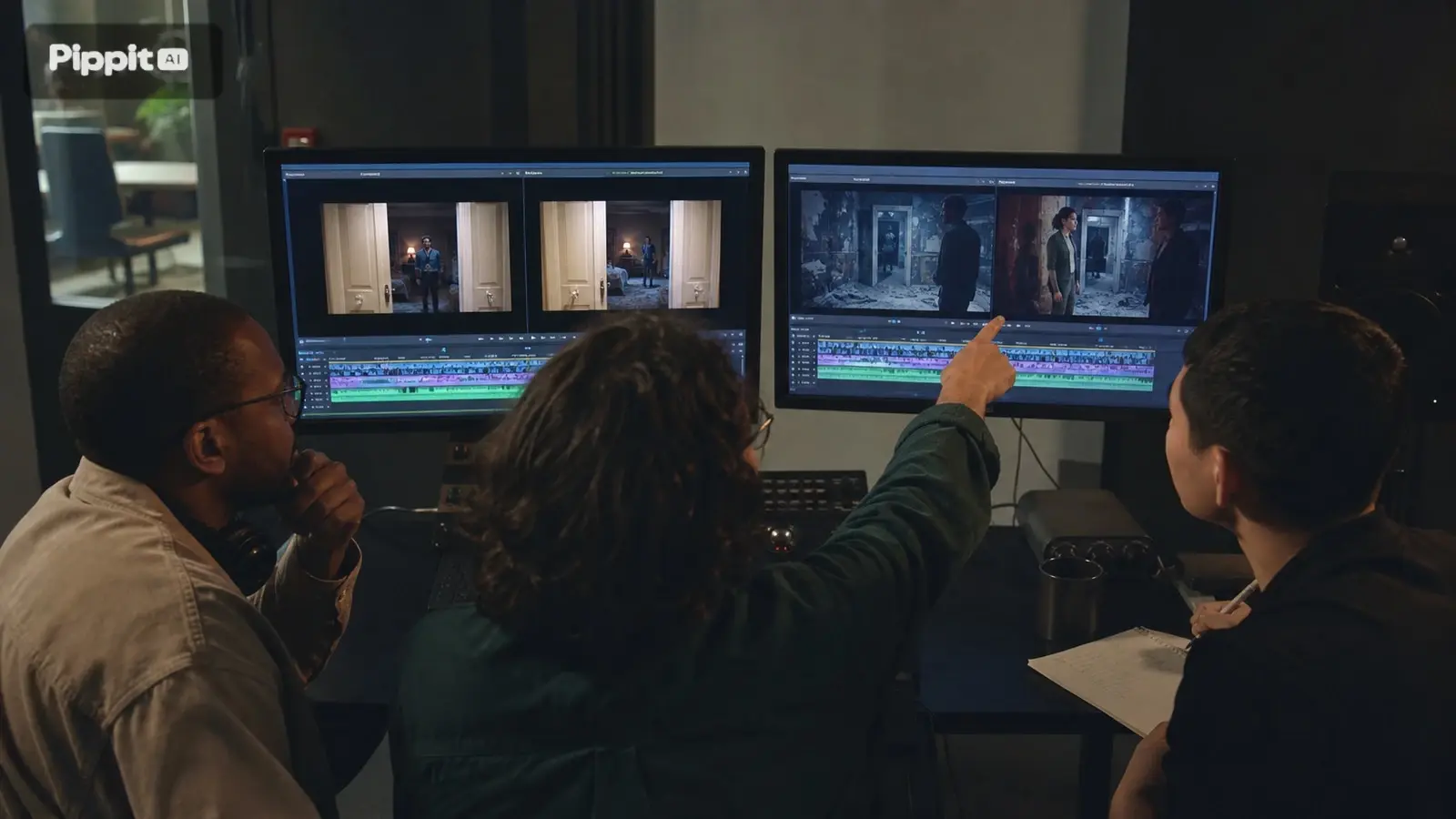 Trois personnes examinent des montages vidéo sur des écrans doubles dans une salle de montage sombre.