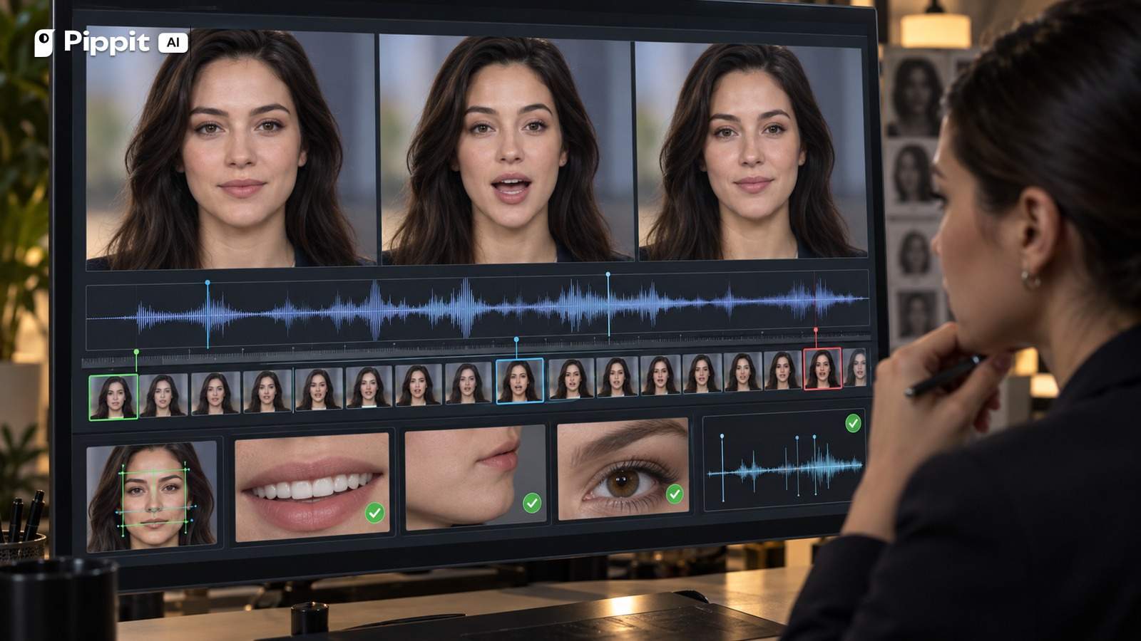 An editor compares avatar face frames, mouth details, and waveform checkpoints.