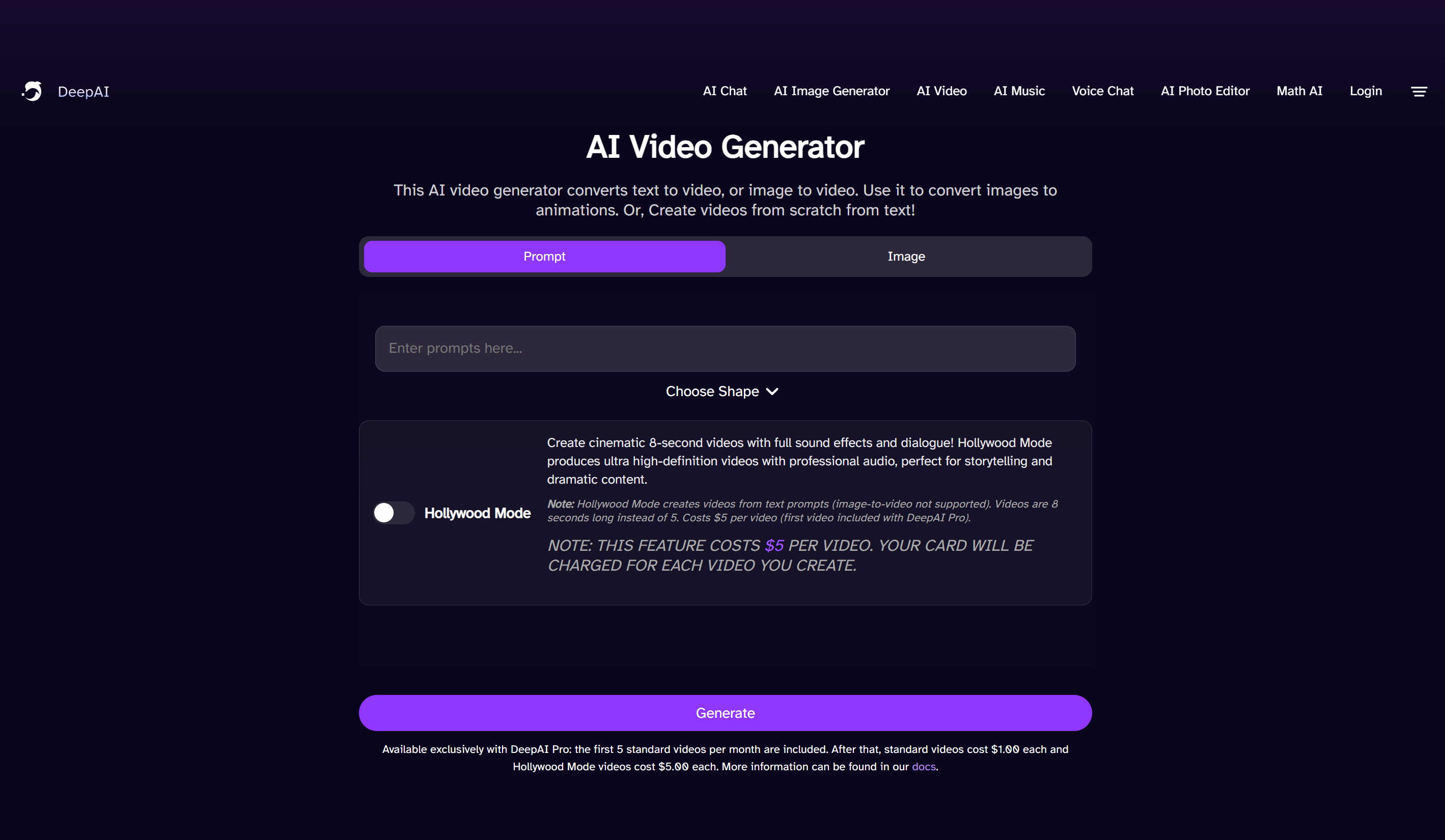 Interface of DeepAI - a versatile video generator with no sign up