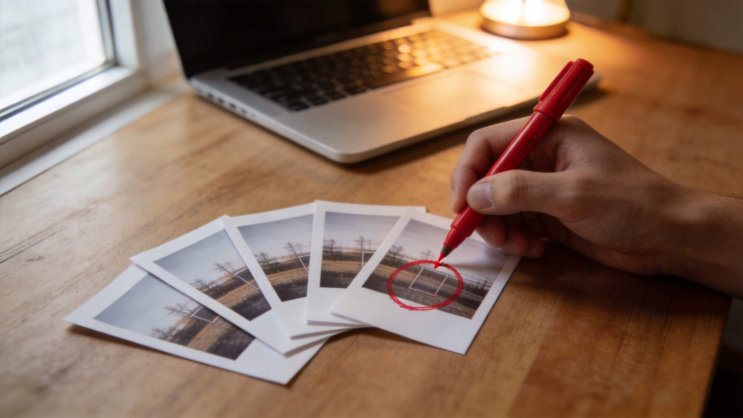 Hand marking a stack of printed photos on a wooden desk beside a laptop