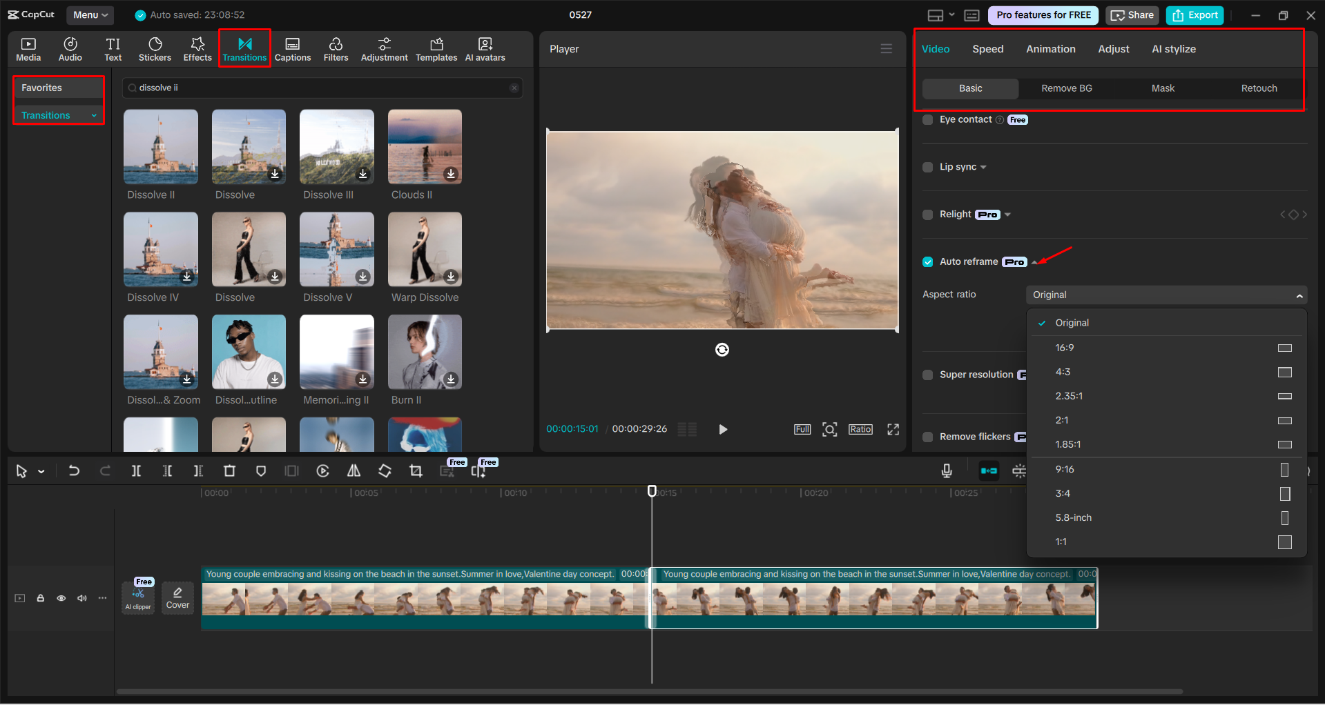 Adding a dissolve effect to a video with the CapCut desktop video editor