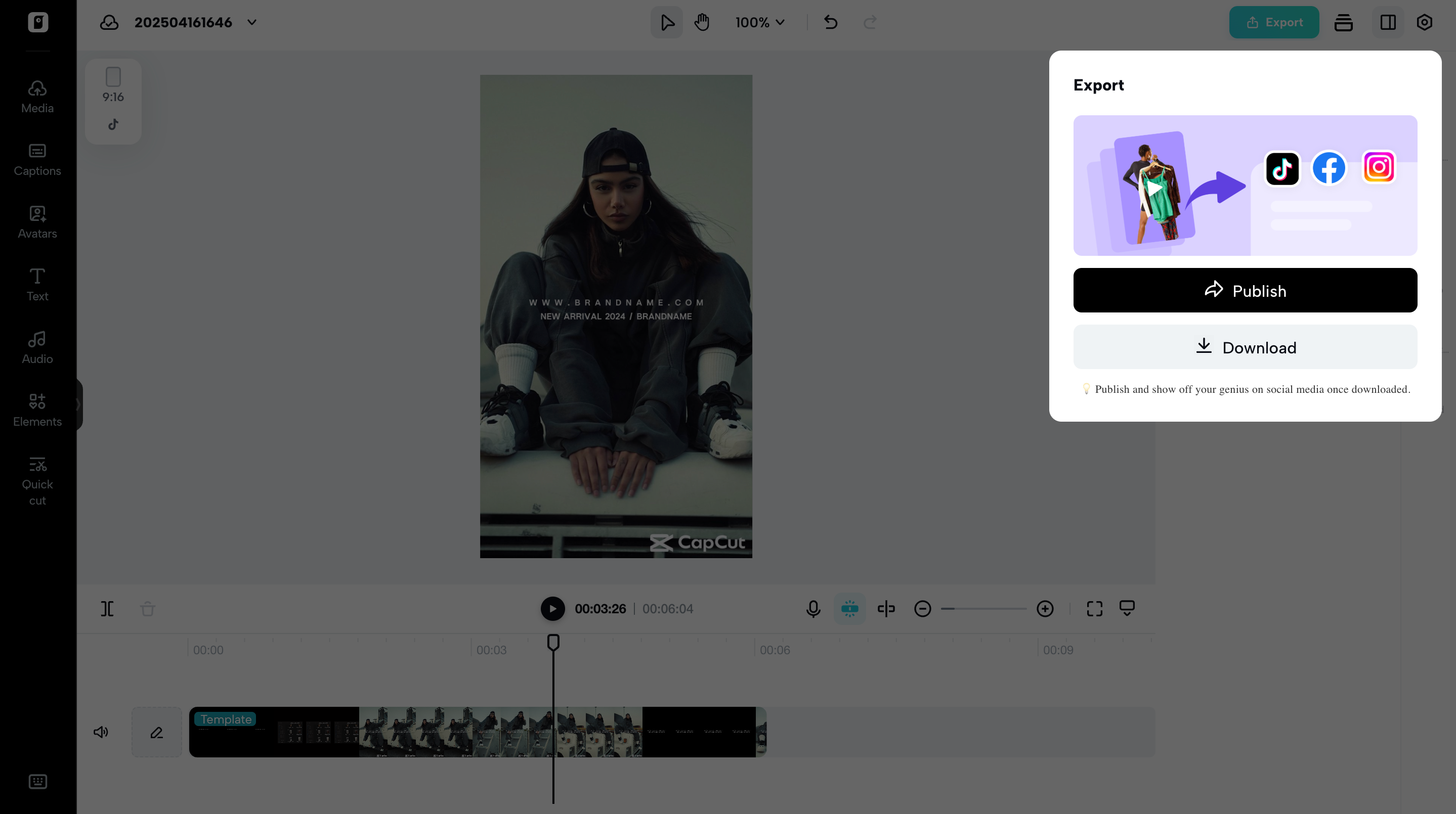 exporting video template from Pippit