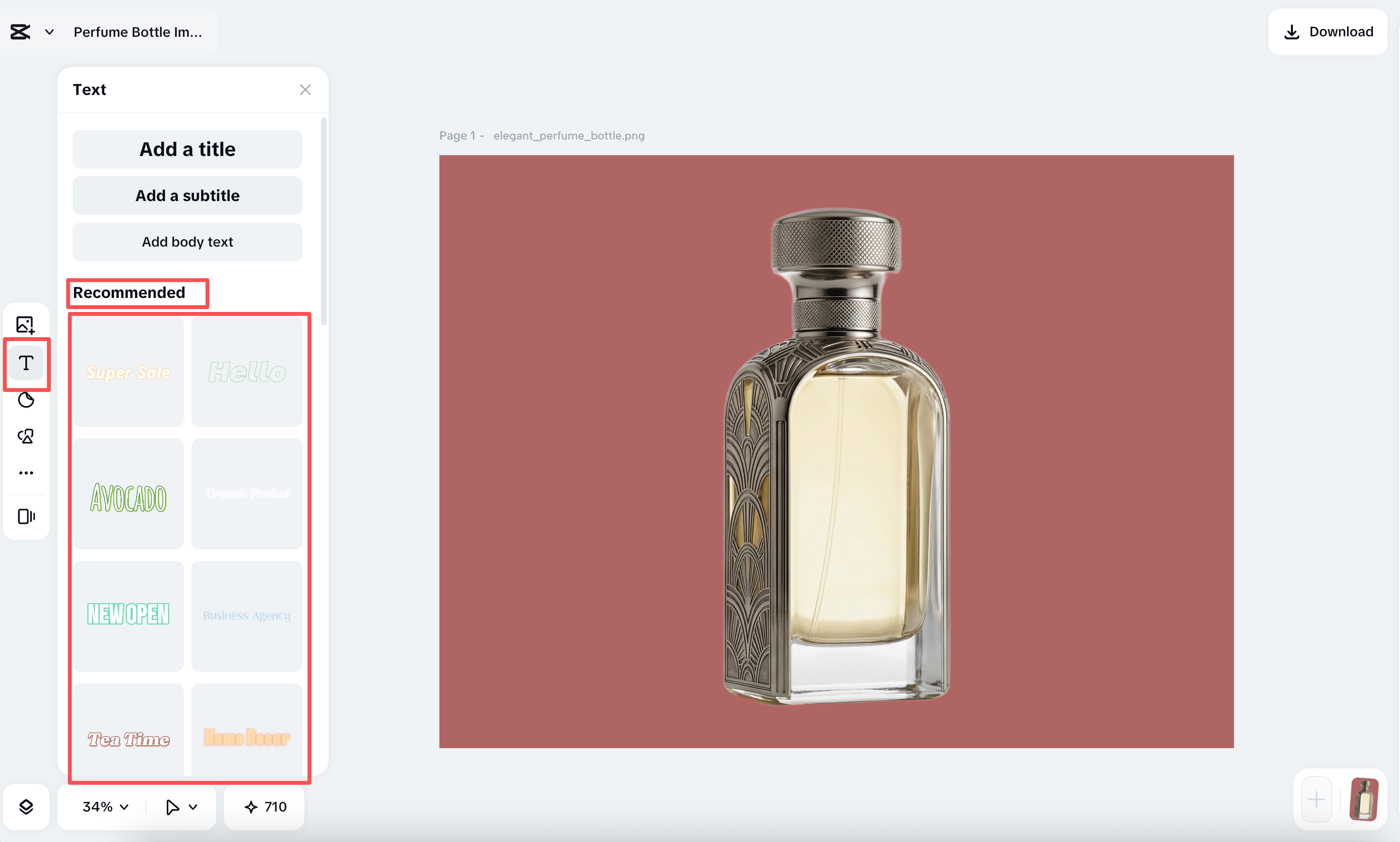 Viewing the Recommended text effects list in CapCut left sidebar
