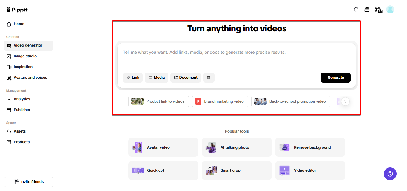 Pippit AI 비디오 생성기