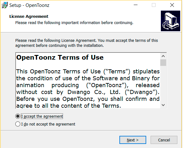 Aceptando los términos y condiciones de OpenToonz
