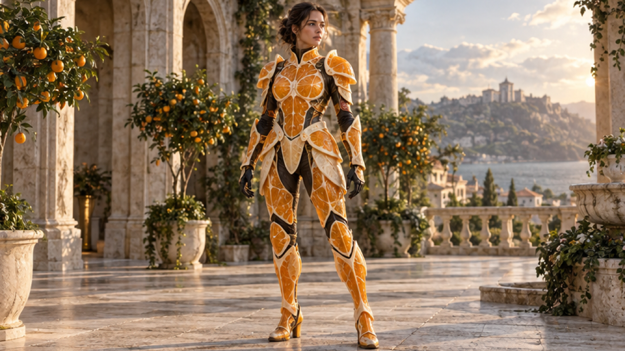 16:9 high-end cinematic full-body adult woman in wearable citrus-inspired natural fruit-rind armor over a dark undersuit, translucent orange-and-ivory segmented plates, exposed realistic face, flexible joints and visible hands, pale-stone courtyard with warm rim light, human scale, no giant robot or writing.