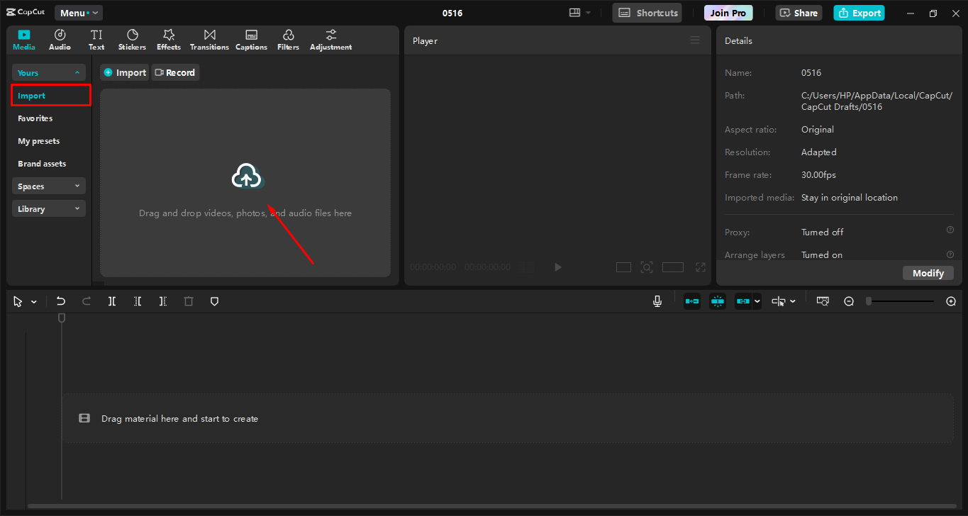Uploading an image to the CapCut desktop video editor