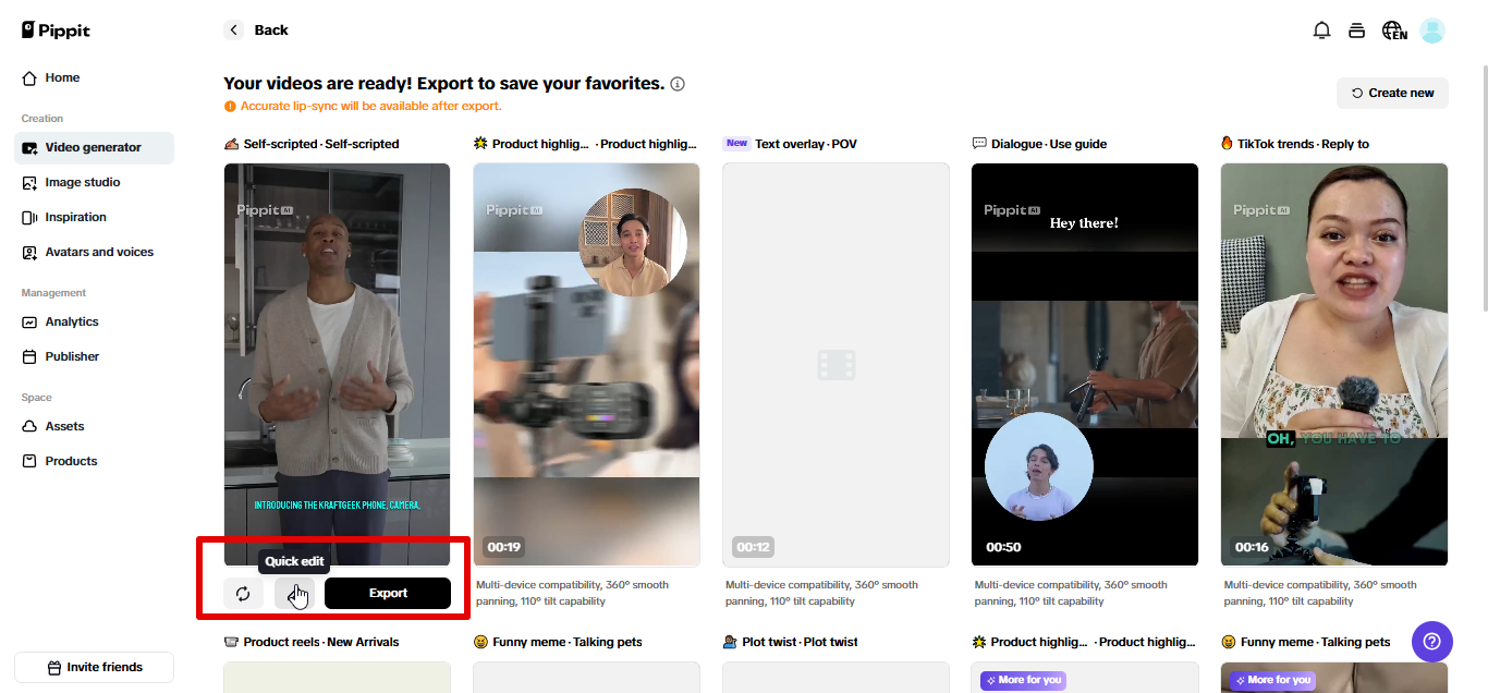 Exporting video from Pippit