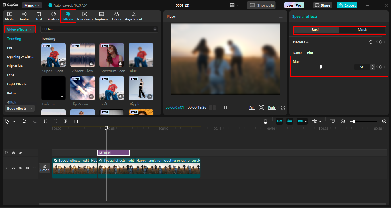 Vervagingseffecten toepassen in de CapCut desktop video-editor