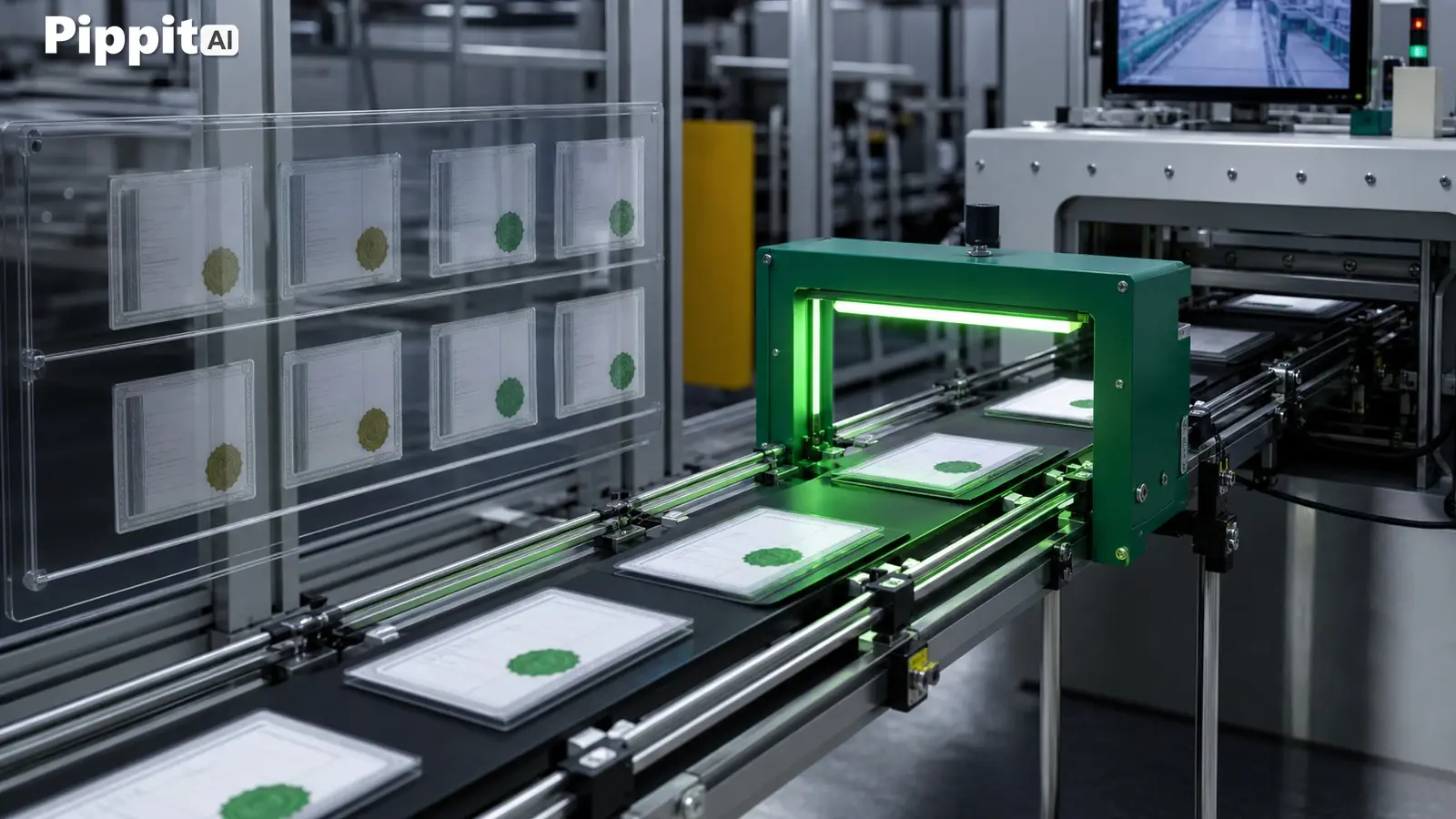 Automated conveyor line scanning certificates under a green inspection frame