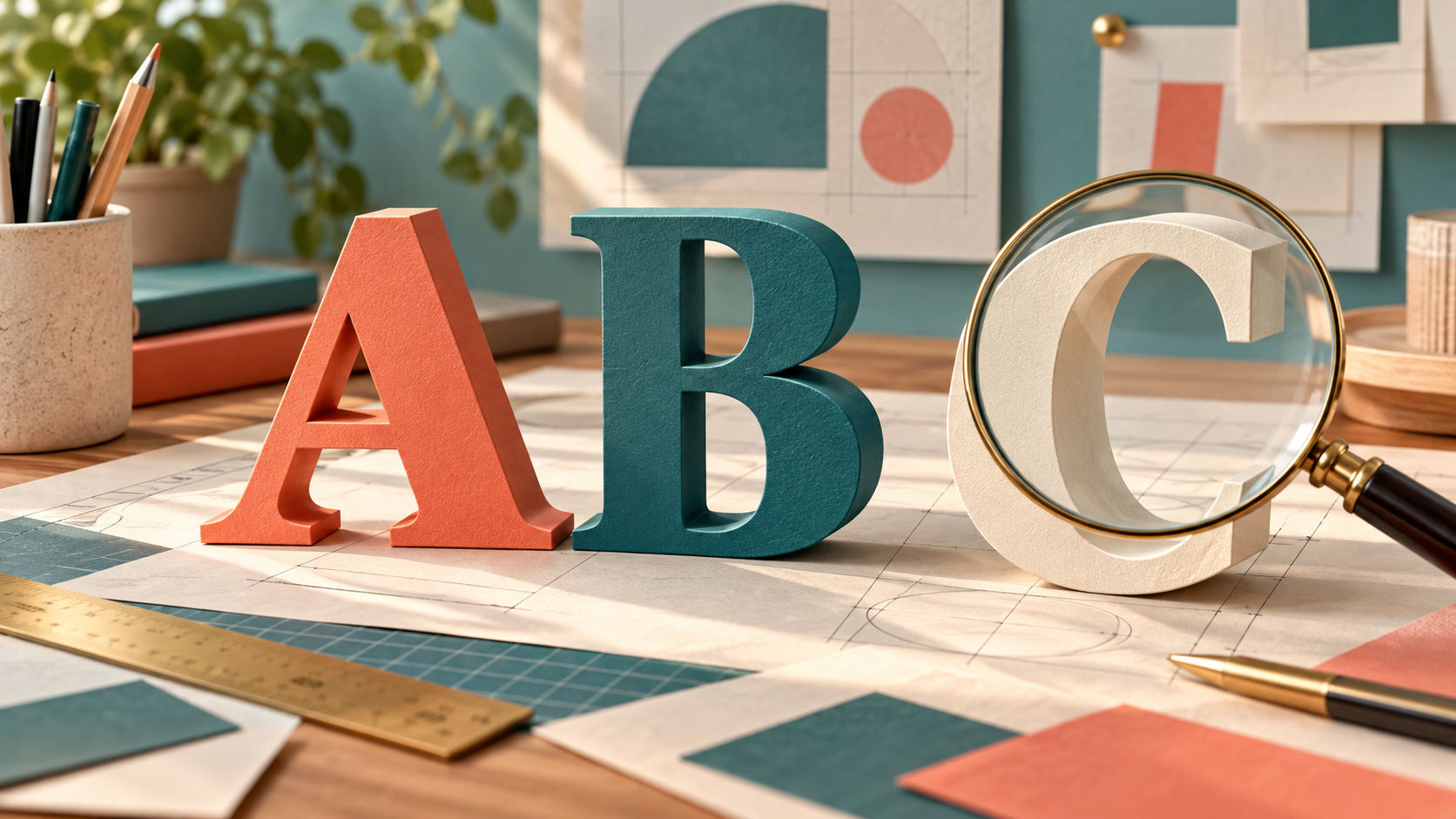 Large A B C letterforms on a design desk with a magnifying glass