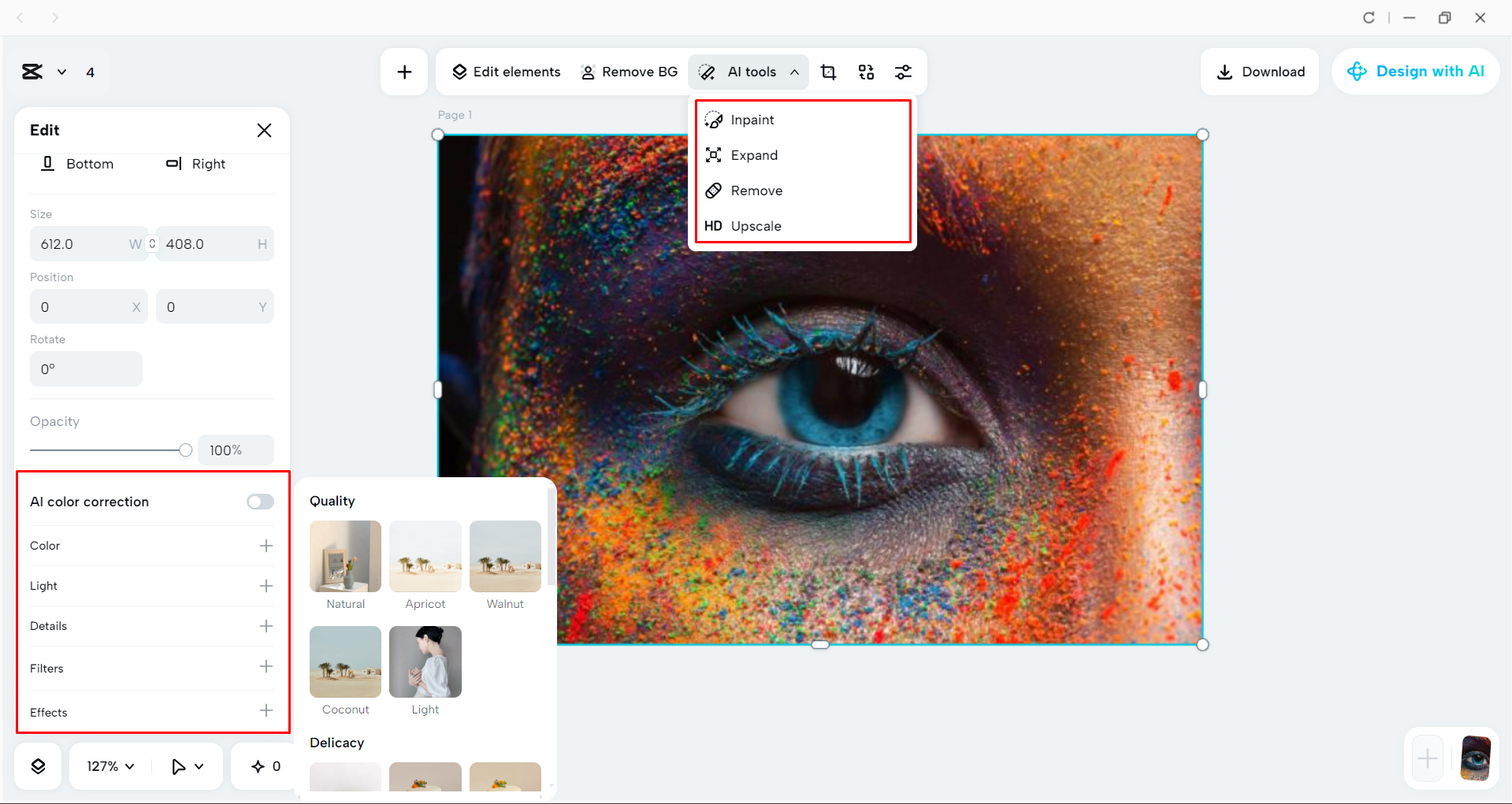 Adding filters to the image in the CapCut desktop video editor