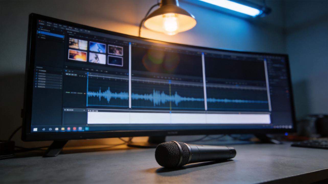 Microphone on desk in front of a monitor showing an audio waveform in a video editor