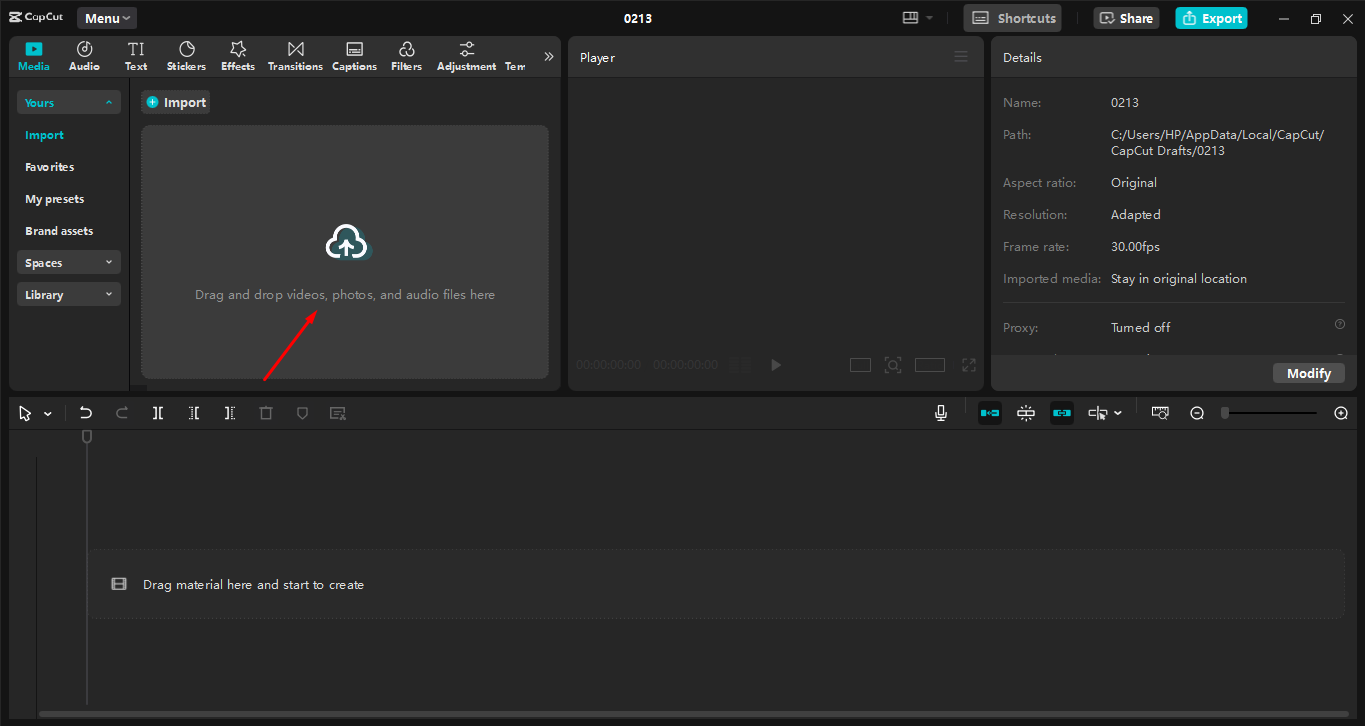 Uploading the video to the CapCut desktop video editor