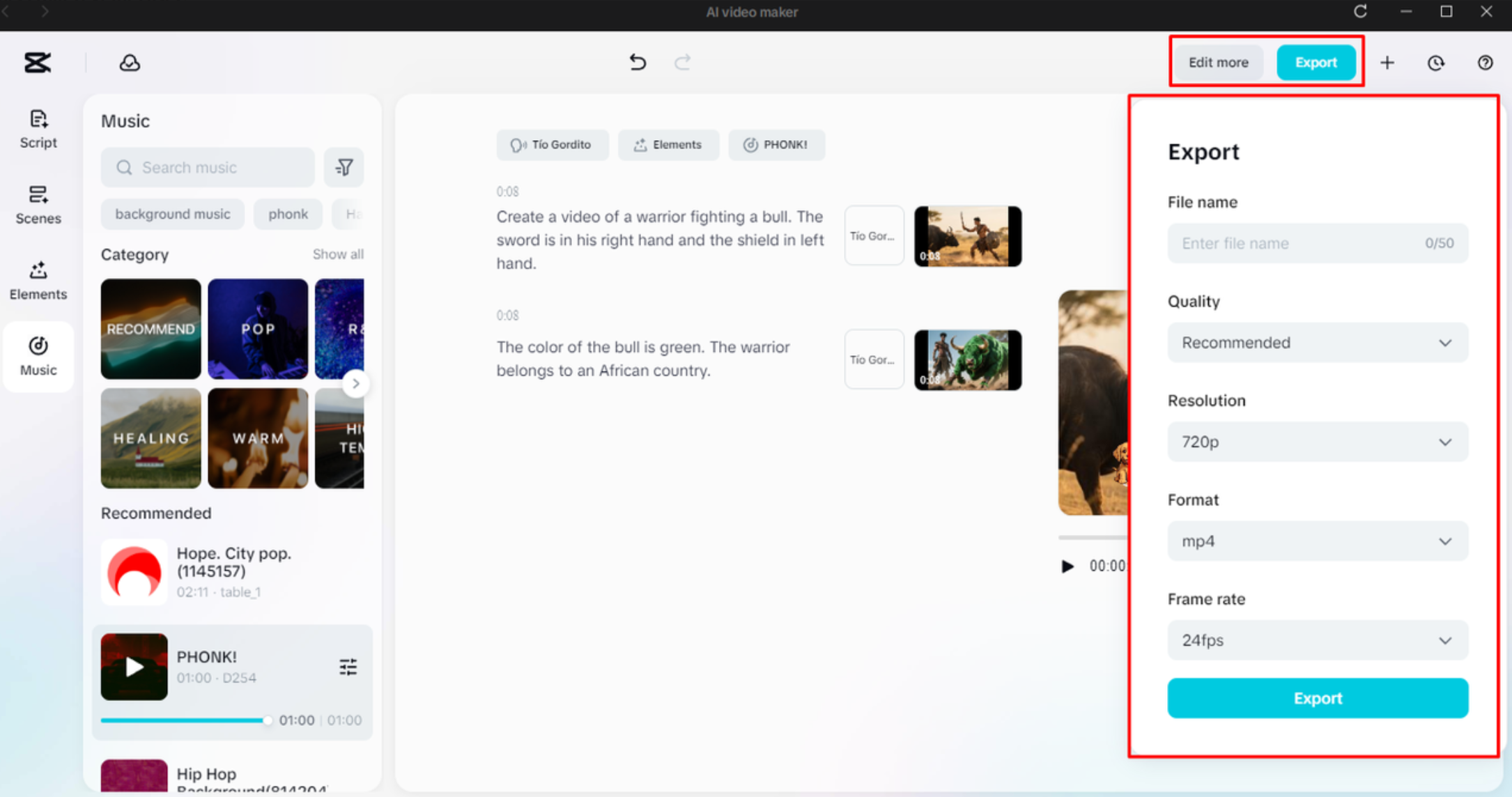 Exporting the Video from CapCut's AI video maker