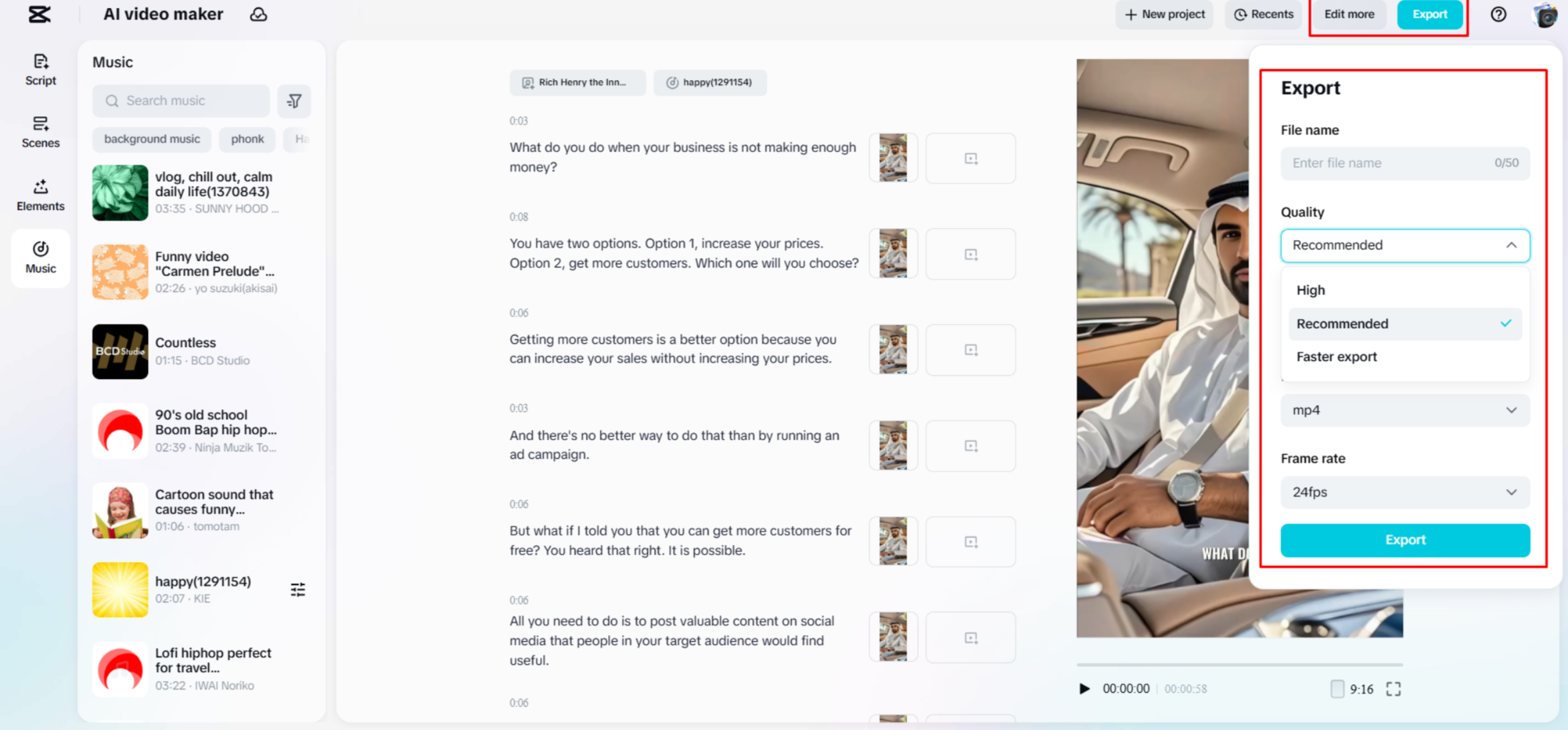 Exporting a video from CapCut Web