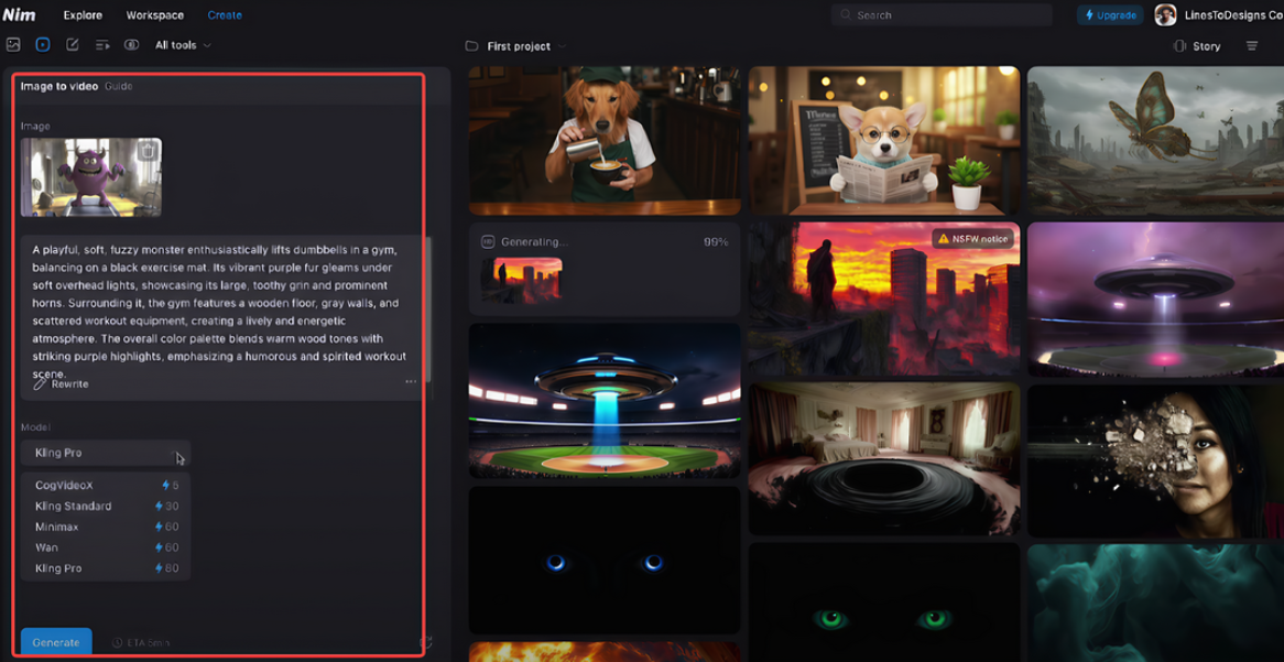 Insira um texto de prompt e importe uma imagem para o Nim