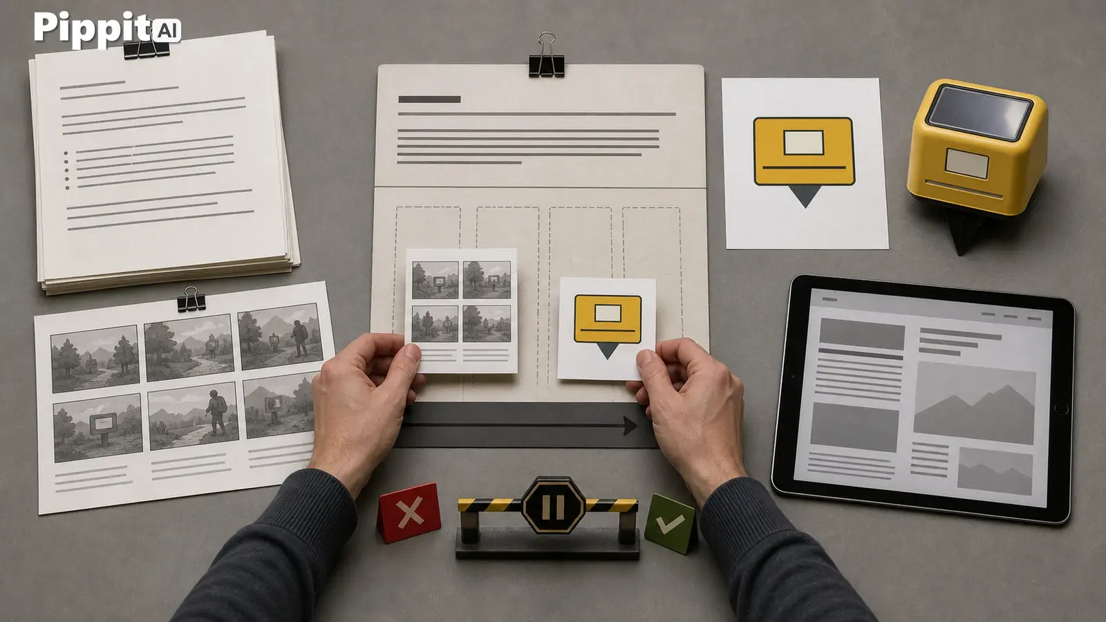 Hands compare paper and tablet layouts with check and X icons on a work table
