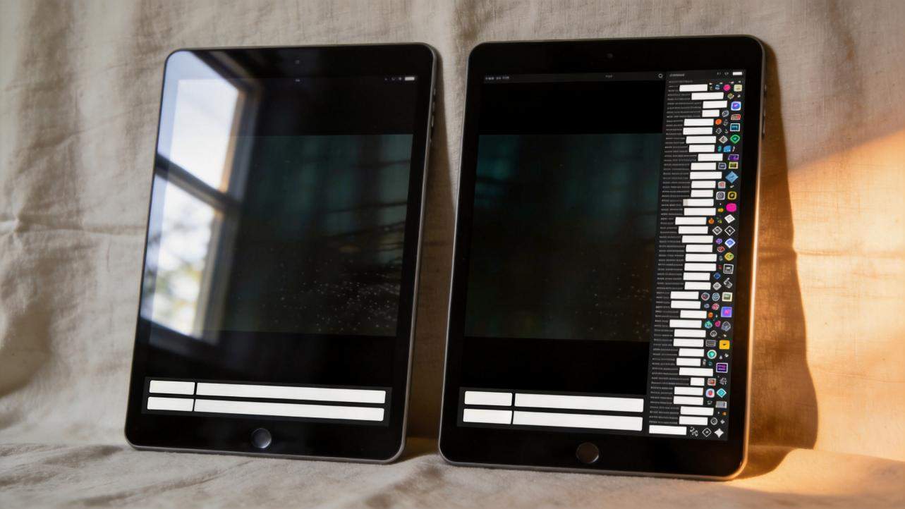 Two tablets display a video editing interface with subtitle bars, one showing a long panel of emoji and symbols.
