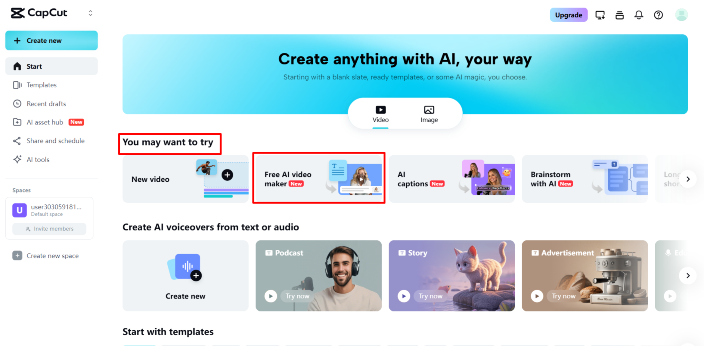 Open the AI video maker tool on your CapCut Web