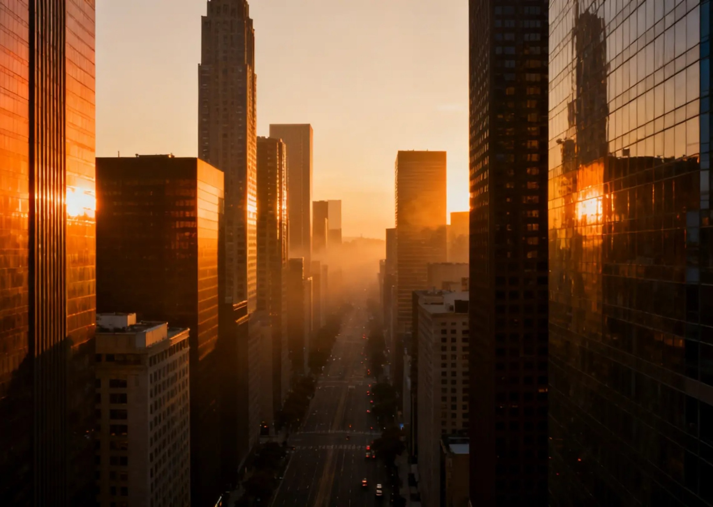 Modern city skyline at sunset