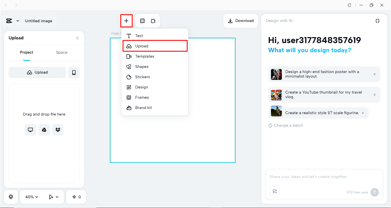 Uploading an image in the CapCut desktop video editor