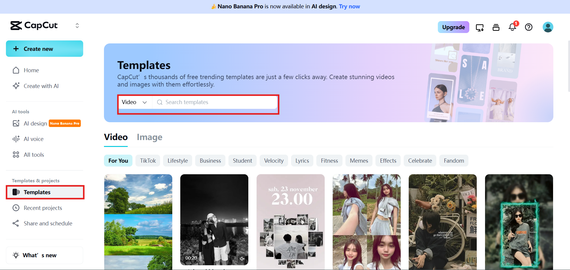 CapCut template selection interface with preview