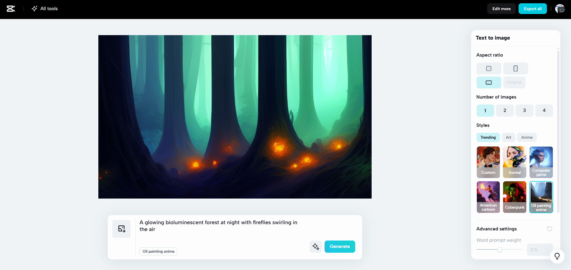 Interface of CapCut Web - a beginner-friendly tool to generate images with AI