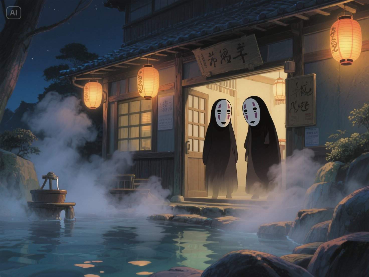 Casa de baños mística con ai generador de arte ghibli