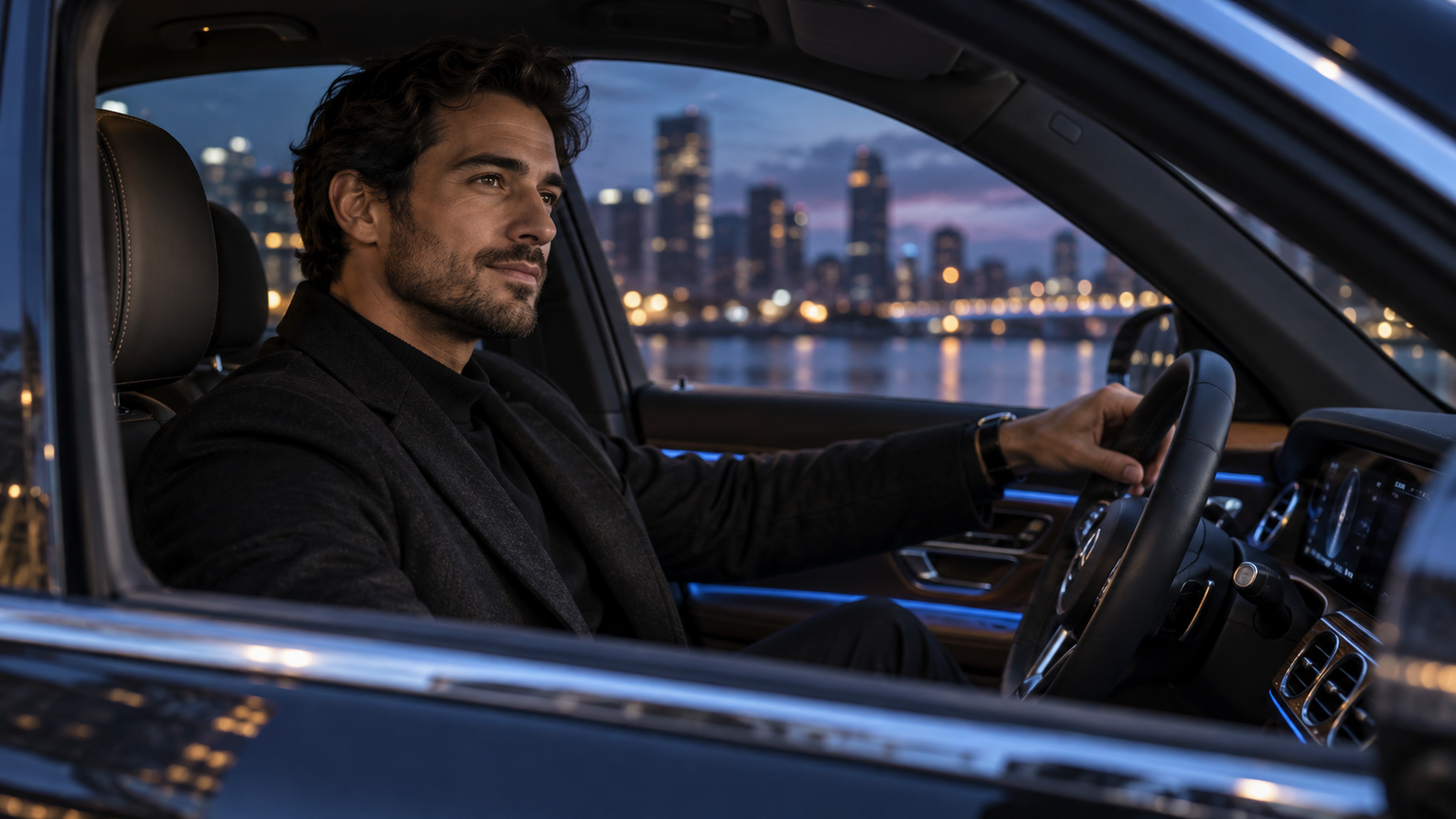 Faymas car photo prompts: Blue-Hour Driver Portrait