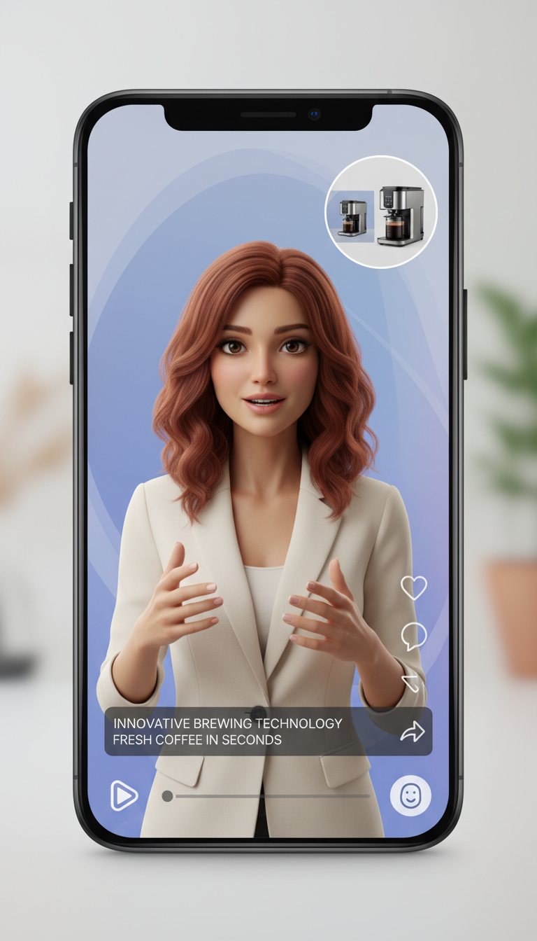 AI avatar product demo on a vertical smartphone screen with captions and PIP product images, generic UI, TikTok-style format.