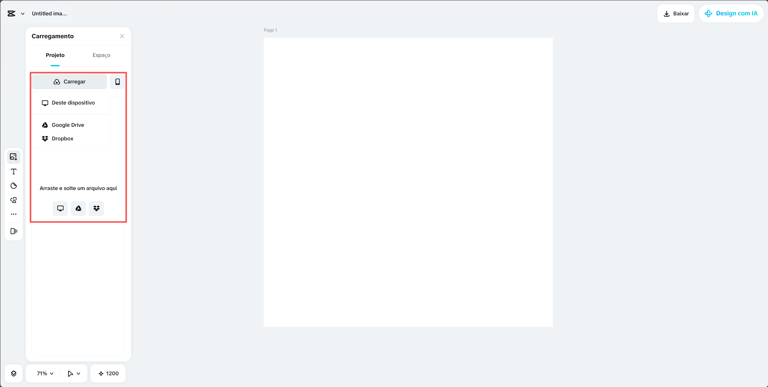 Interface de upload de imagem no CapCut Online