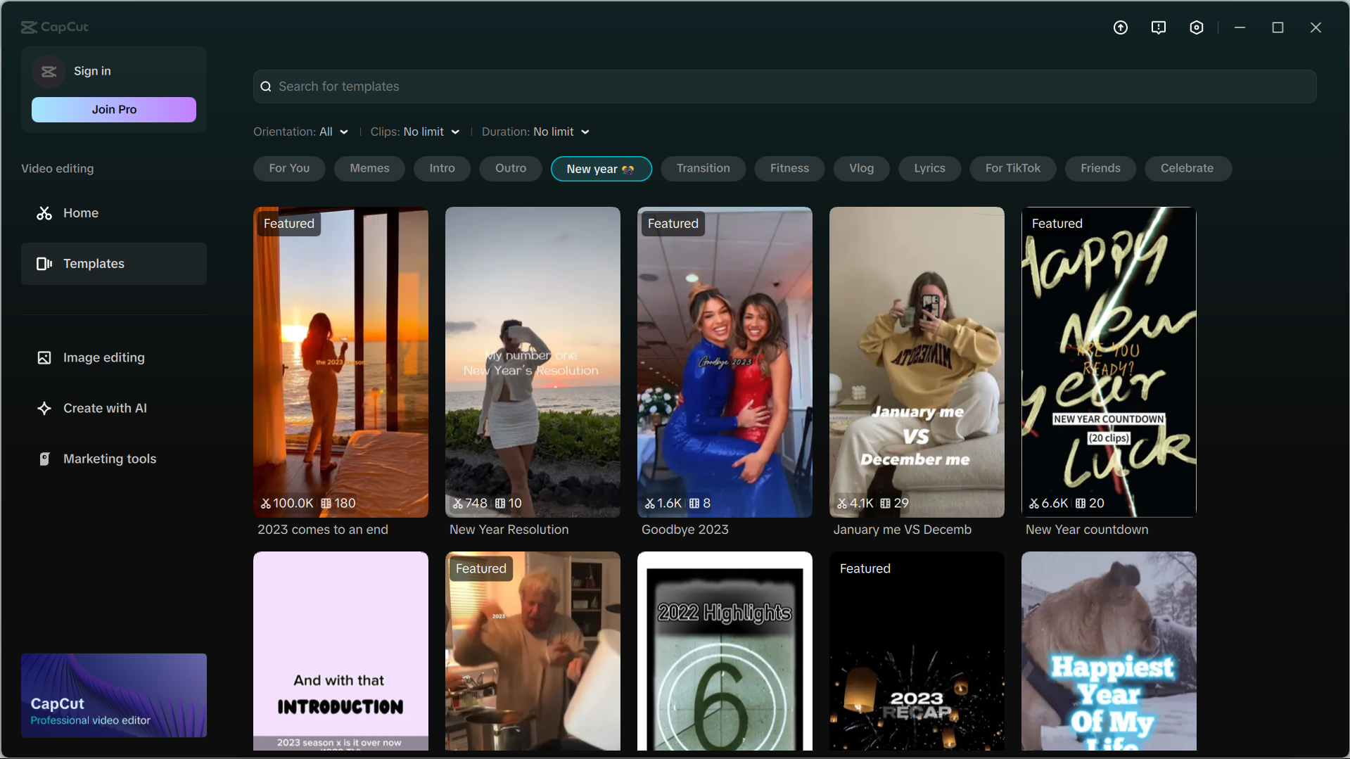 Interface of the CapCut desktop video editor - the best tool to access free video templates for the new year