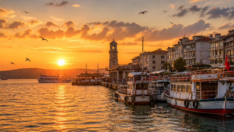Cute Ship Travel Video — Harbor Sunset Arrival