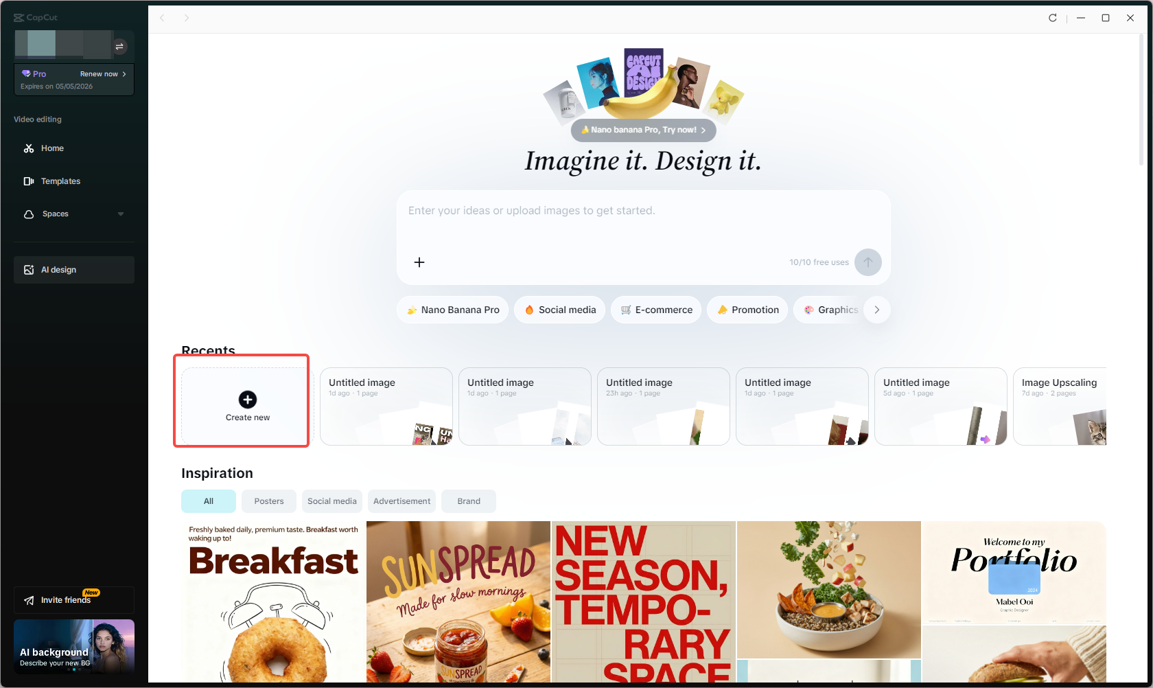 Accessing the "AI design" feature in CapCut