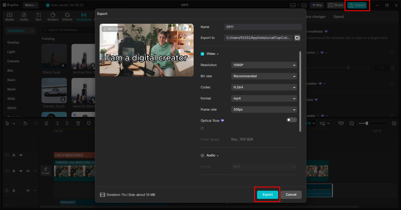 Exportação de vídeo do editor de vídeo para desktop CapCut