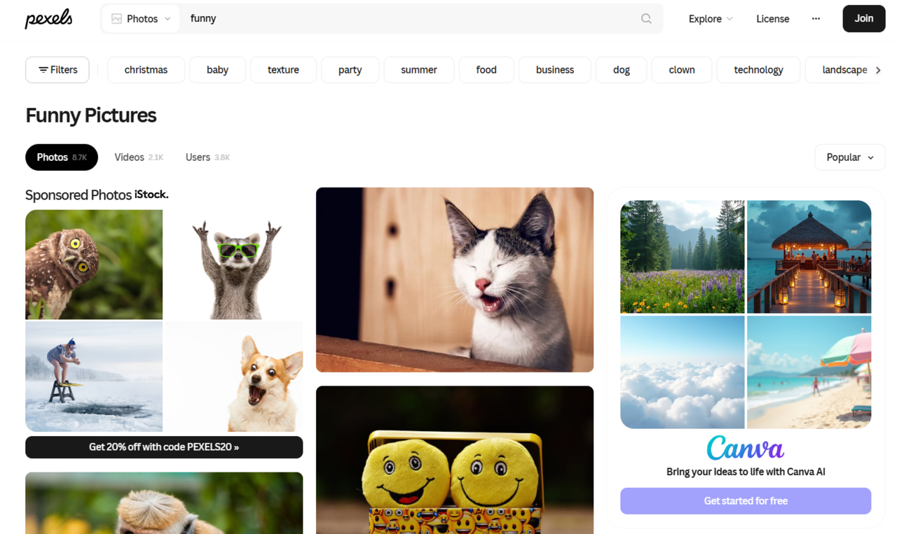 Interface of Pexels - a site with hilarious and funny Facebook profile images