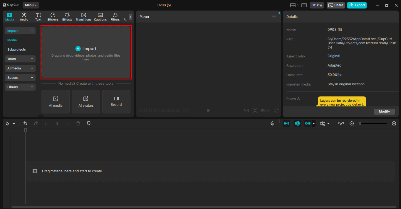 Importing the video in the CapCut desktop video editor