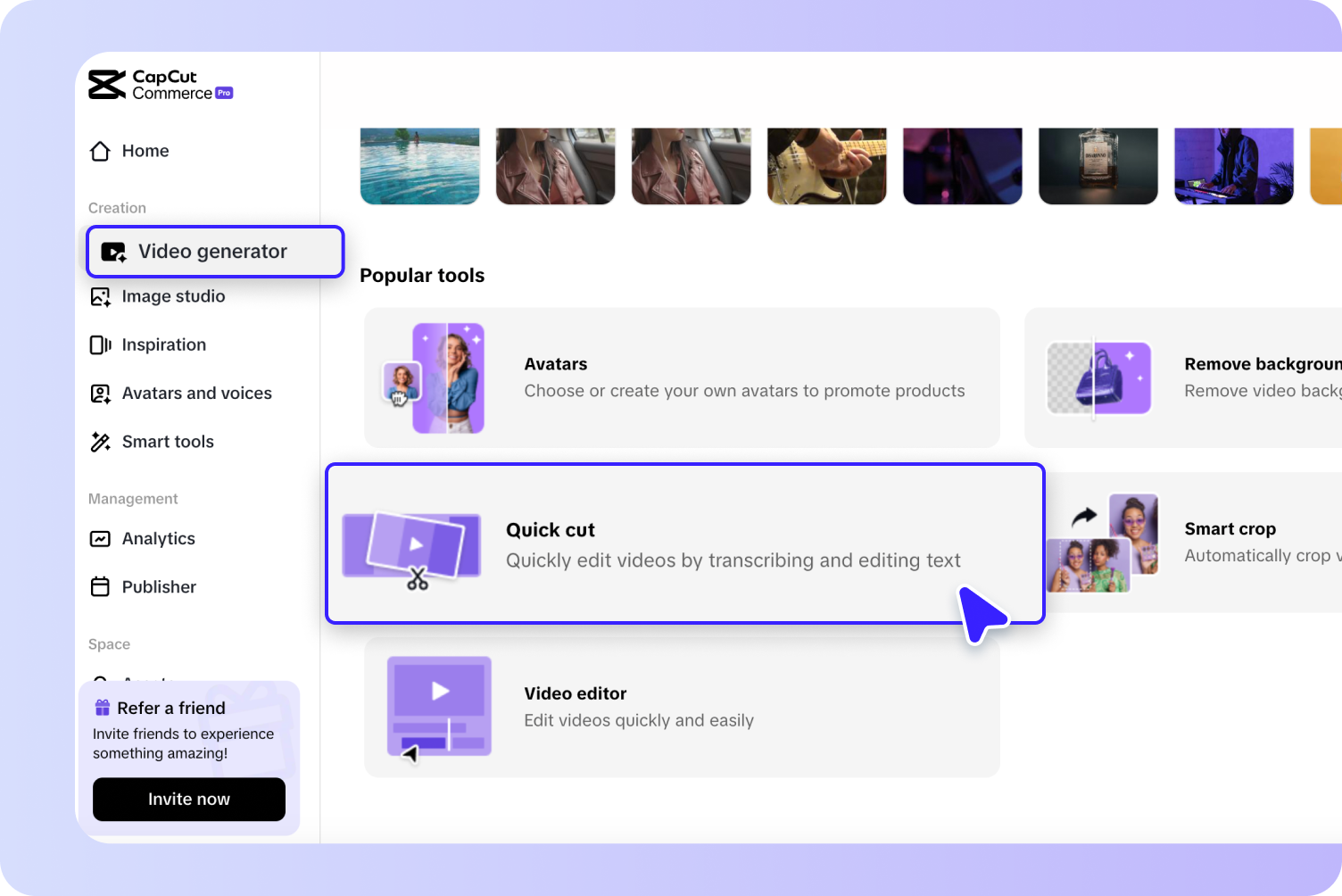 Upload video to Quick cut tool