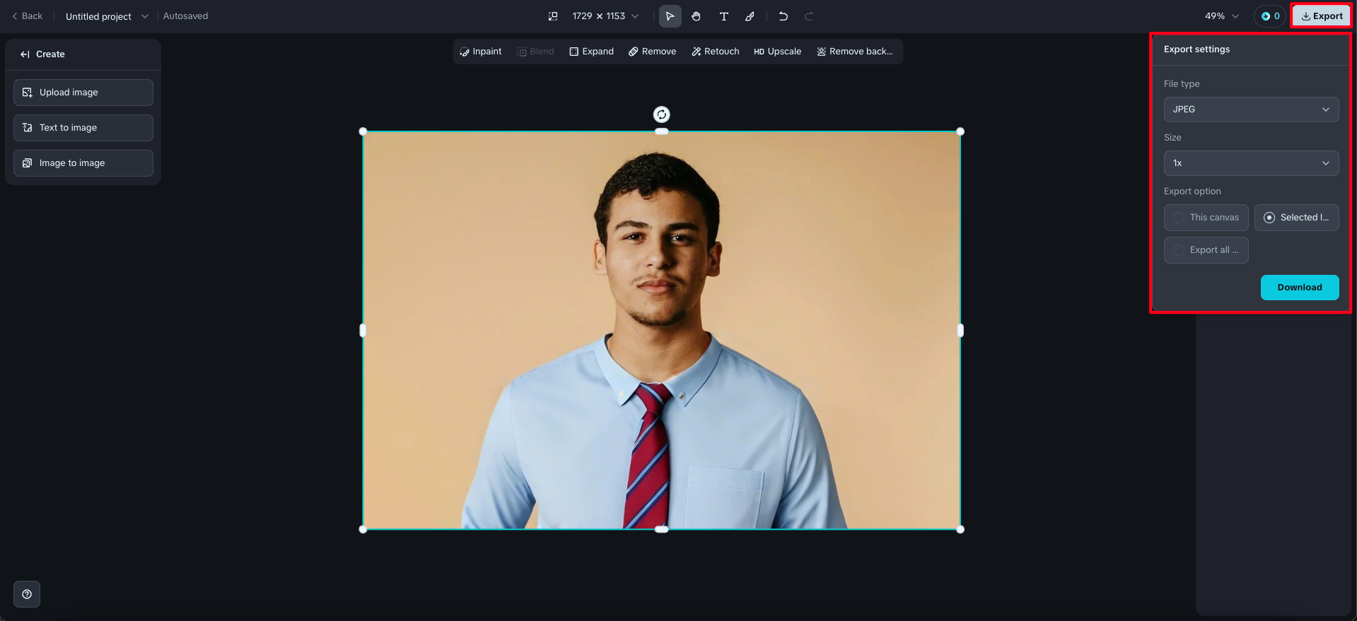 Add coat and tie to photo online free and download with Dreamina