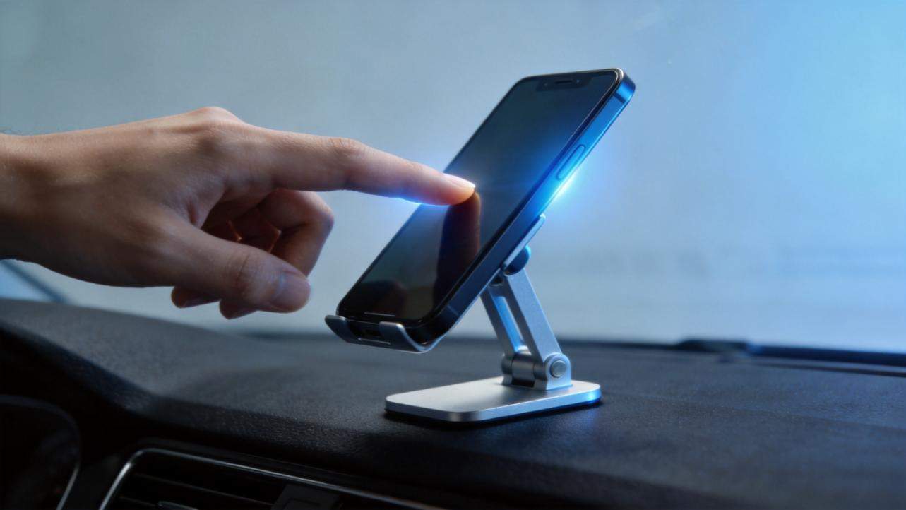 Hand touching a smartphone on an adjustable stand