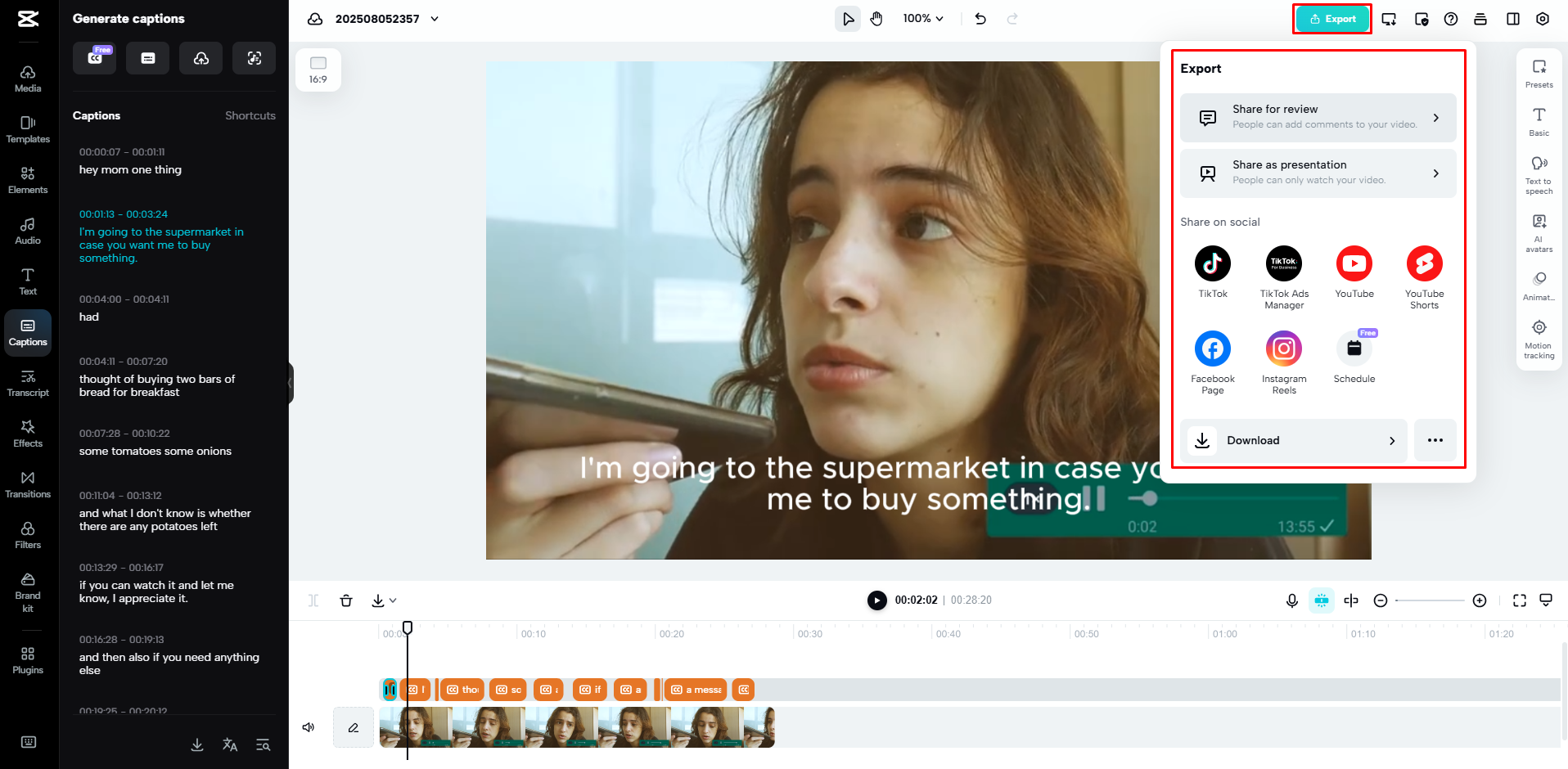 Exporting a video from CapCut Web