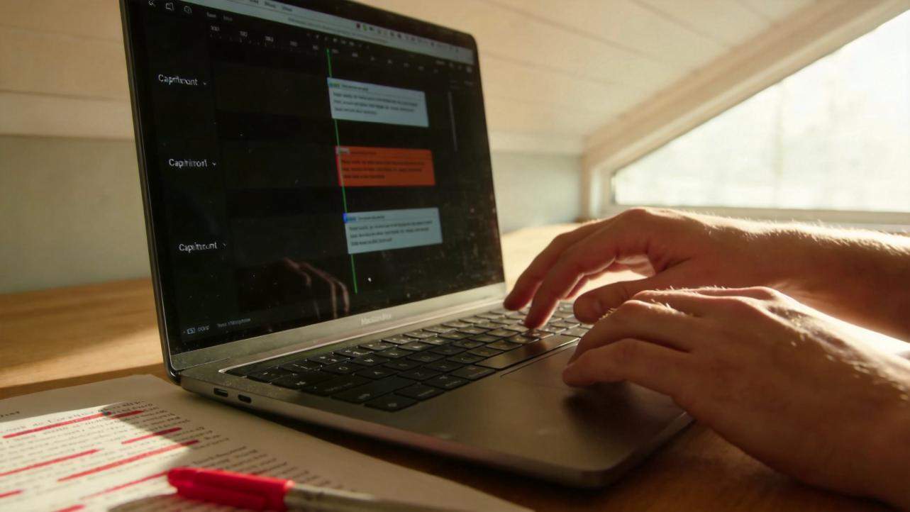 Hands typing on a laptop showing a dark editing timeline with text blocks and a green playhead