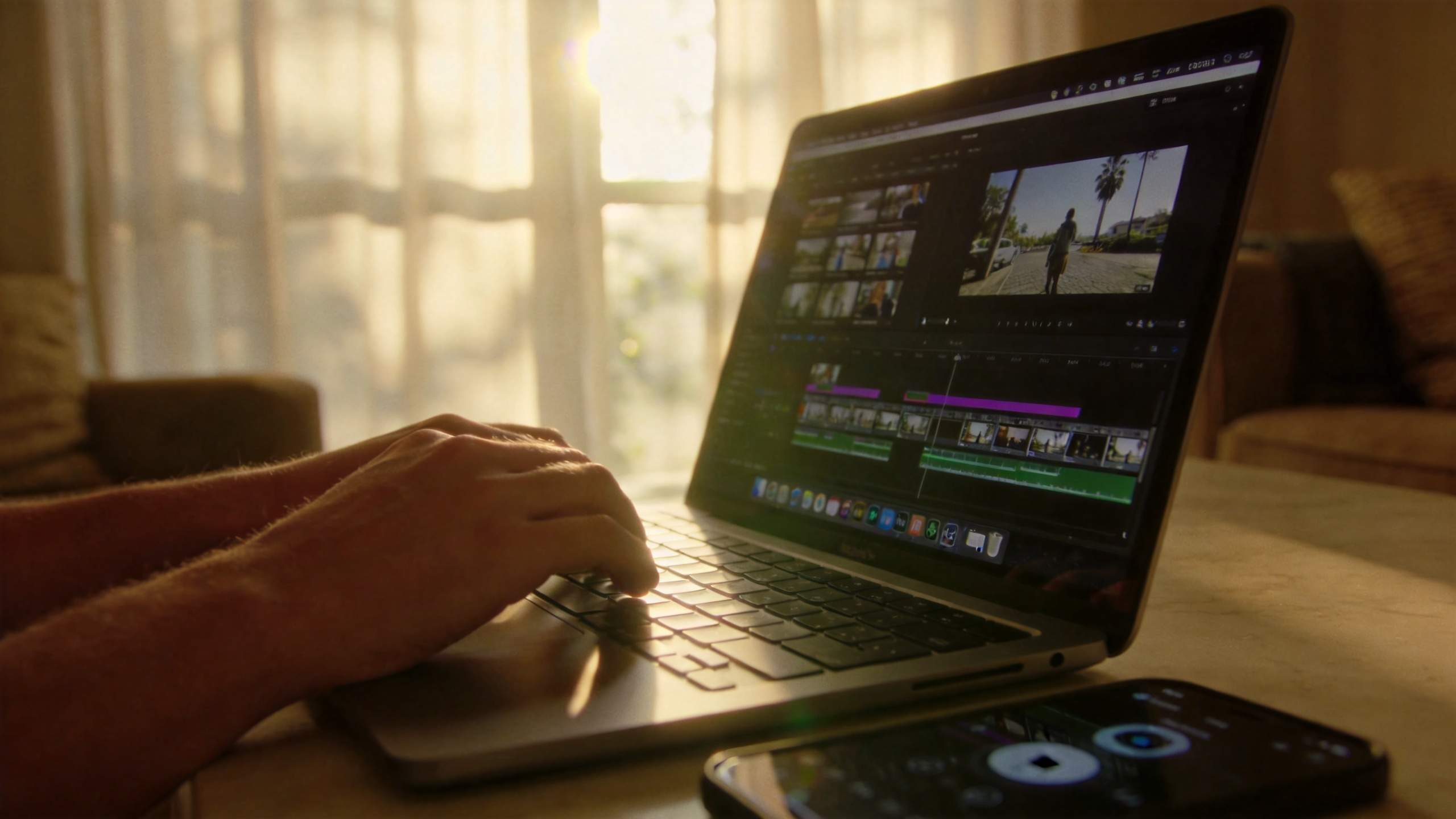Hands editing a video on a laptop beside a smartphone