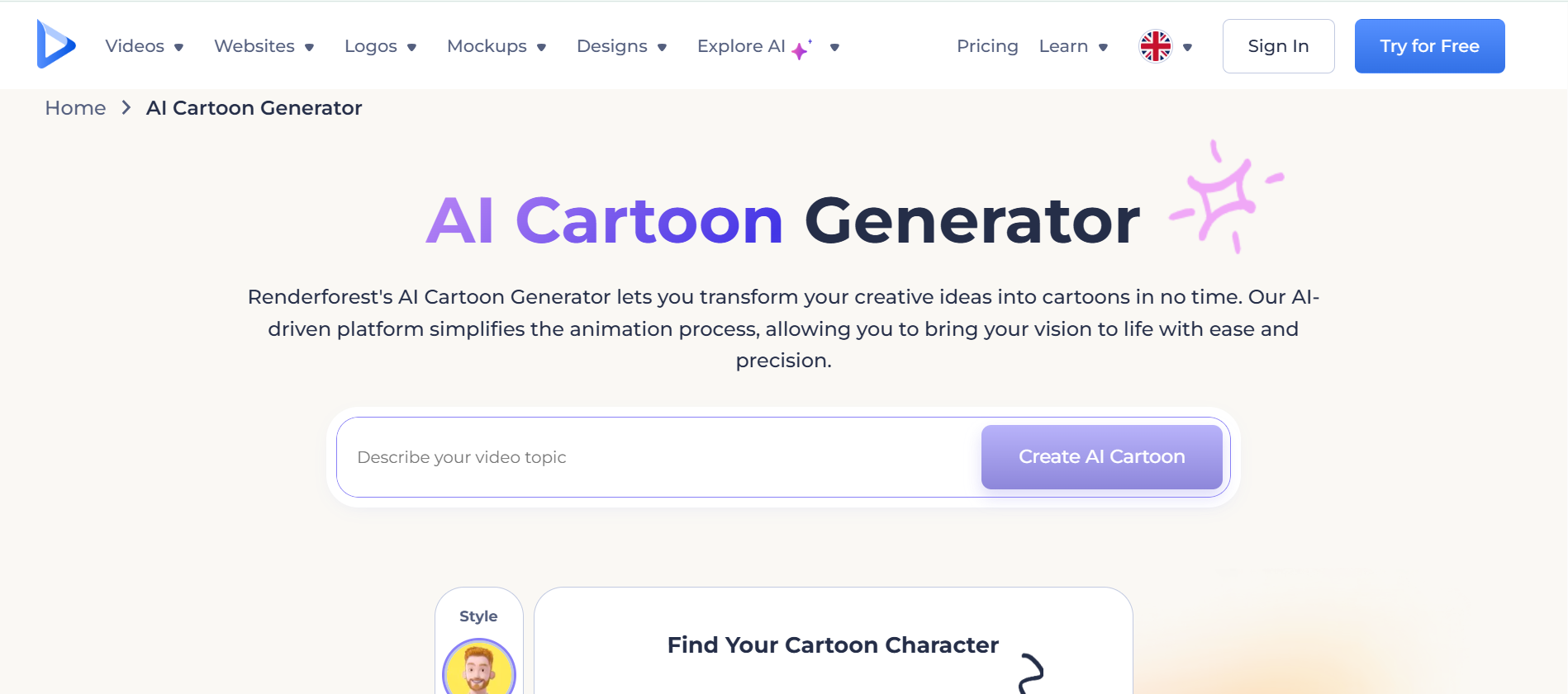 Interface of Renderforest - AI cartoon video generator for free on PC