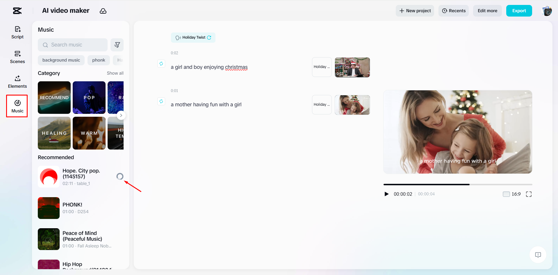 Adicionando música de fundo a um vídeo com o criador de IA vídeo do CapCut