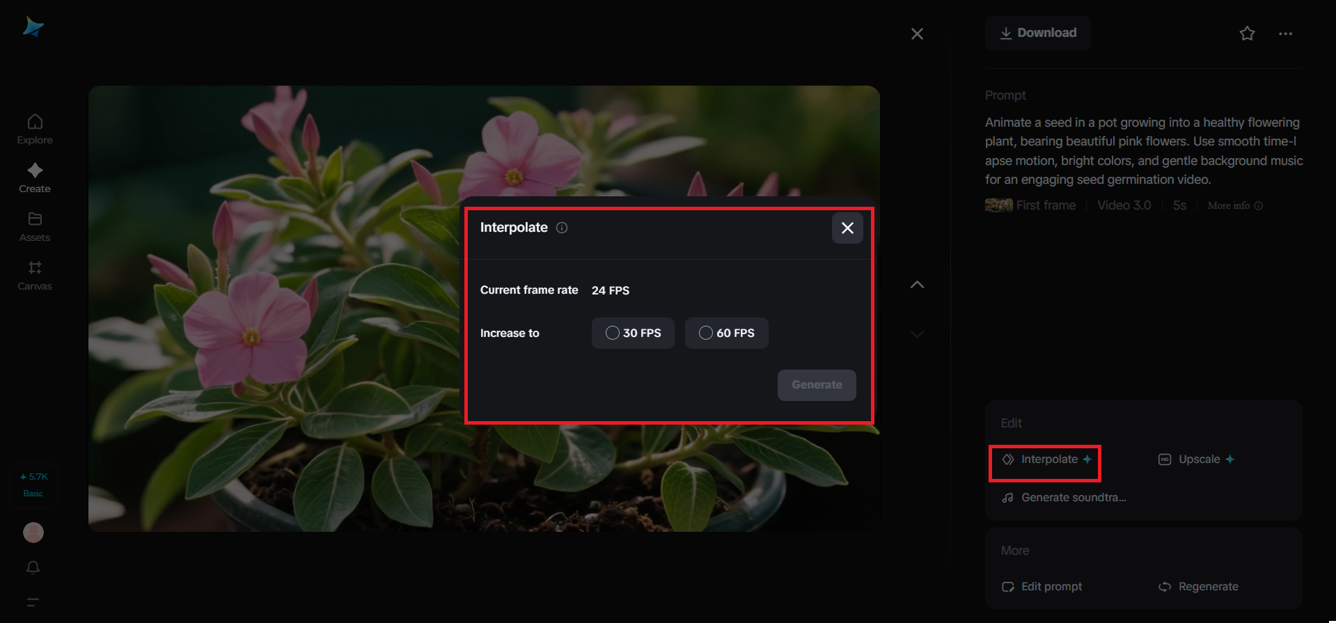 Interpolate feature in Dreamina