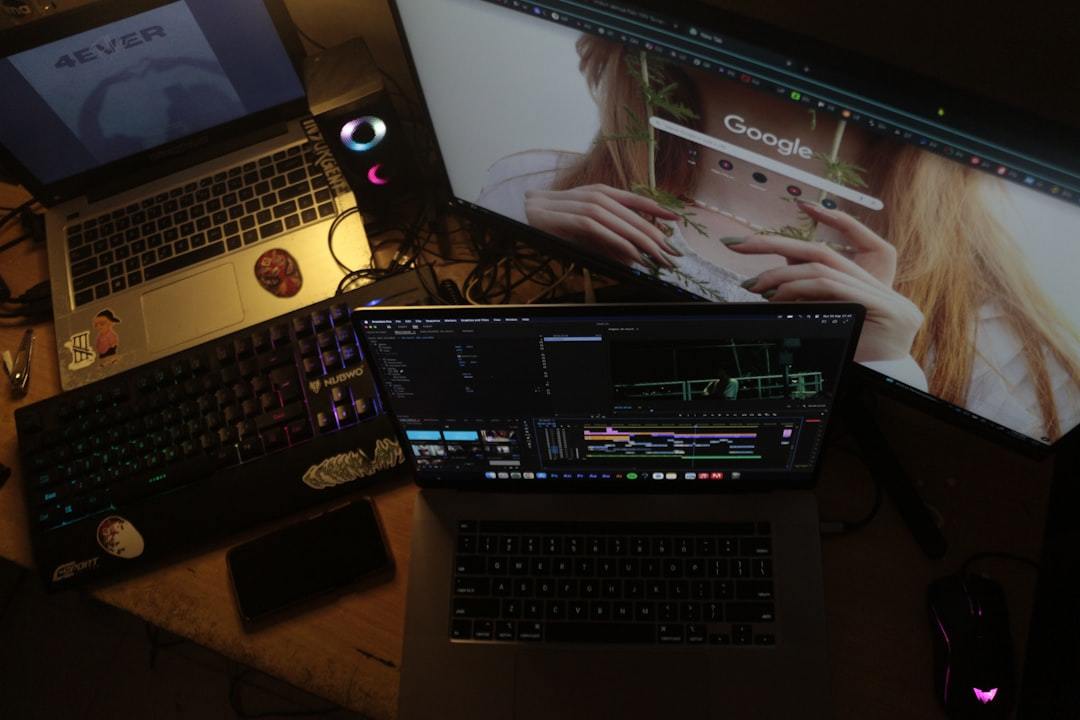 Cinematic laptop editing desk with video timeline