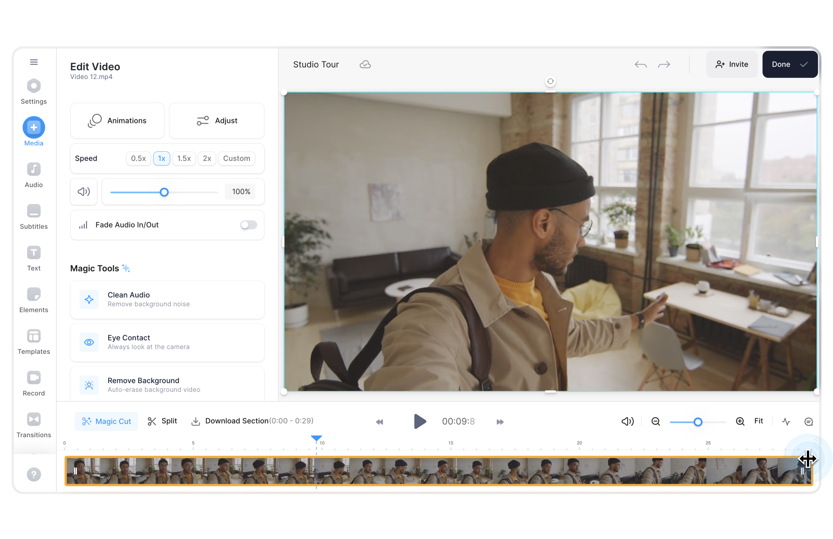 Interface de VEED - un éditeur de visage en ligne pour la vidéo